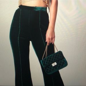 Green velvet wide leg pants high waisted